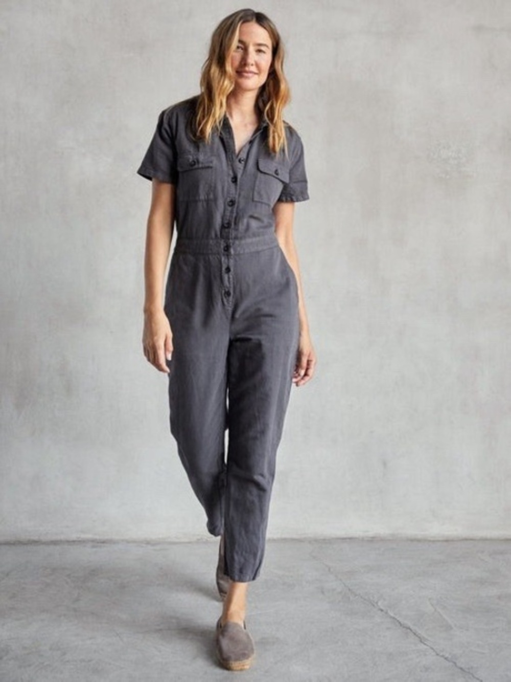 New Button-Front Short-Sleeve Jumpsuit - Charcoal
